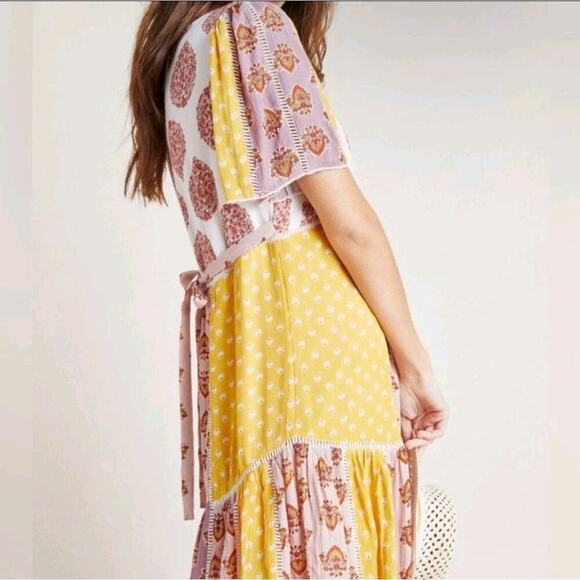 Anthropologie Melody Lace Trim Button Front Tie Back Patchwork Dress - Picture 12 of 12